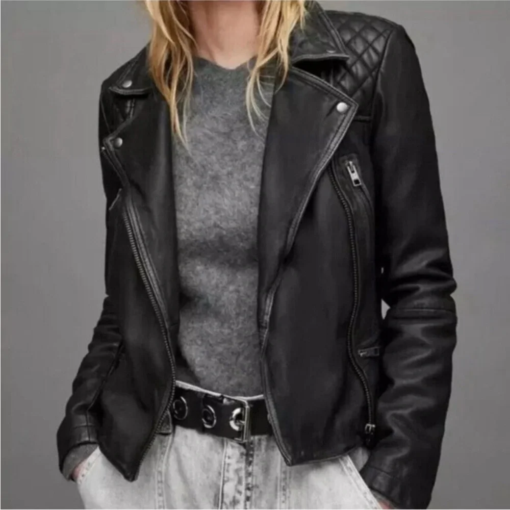 All Saints Quilted Black Leather Jacket - Picture 3 of 8